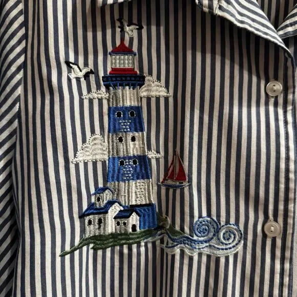 Vintage Blair Women’s Blue Striped Lighthouse Nautical Coastal Beach Top Sz L - Picture 5 of 10